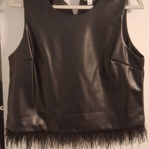 For Cynthia Black Faux Leather Feather-Hem Tank